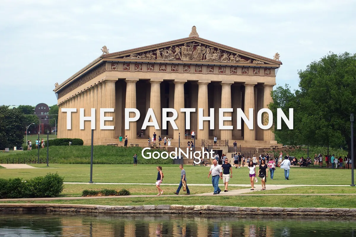 The Parthenon, an iconic Nashville landmark, sits in the midst of a bustling park with visitors strolling on lush green grass. The atmosphere is joyful and cultural, ideal for families seeking memorable outdoor experiences.