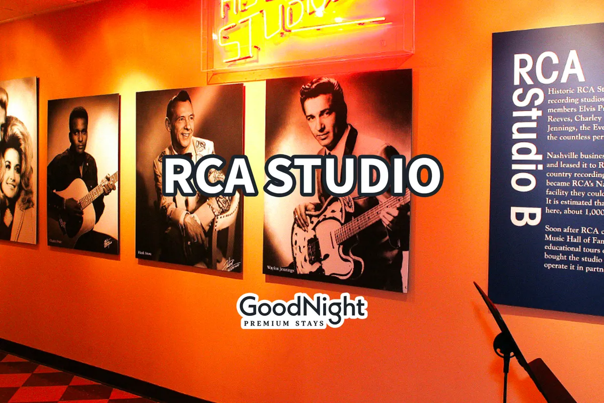 An interior view of RCA Studio A featuring walls adorned with historic photographs of famous musicians and the iconic studio signage. The setting evokes Nashville's rich musical legacy and offers a glimpse into the city’s storied recording history.